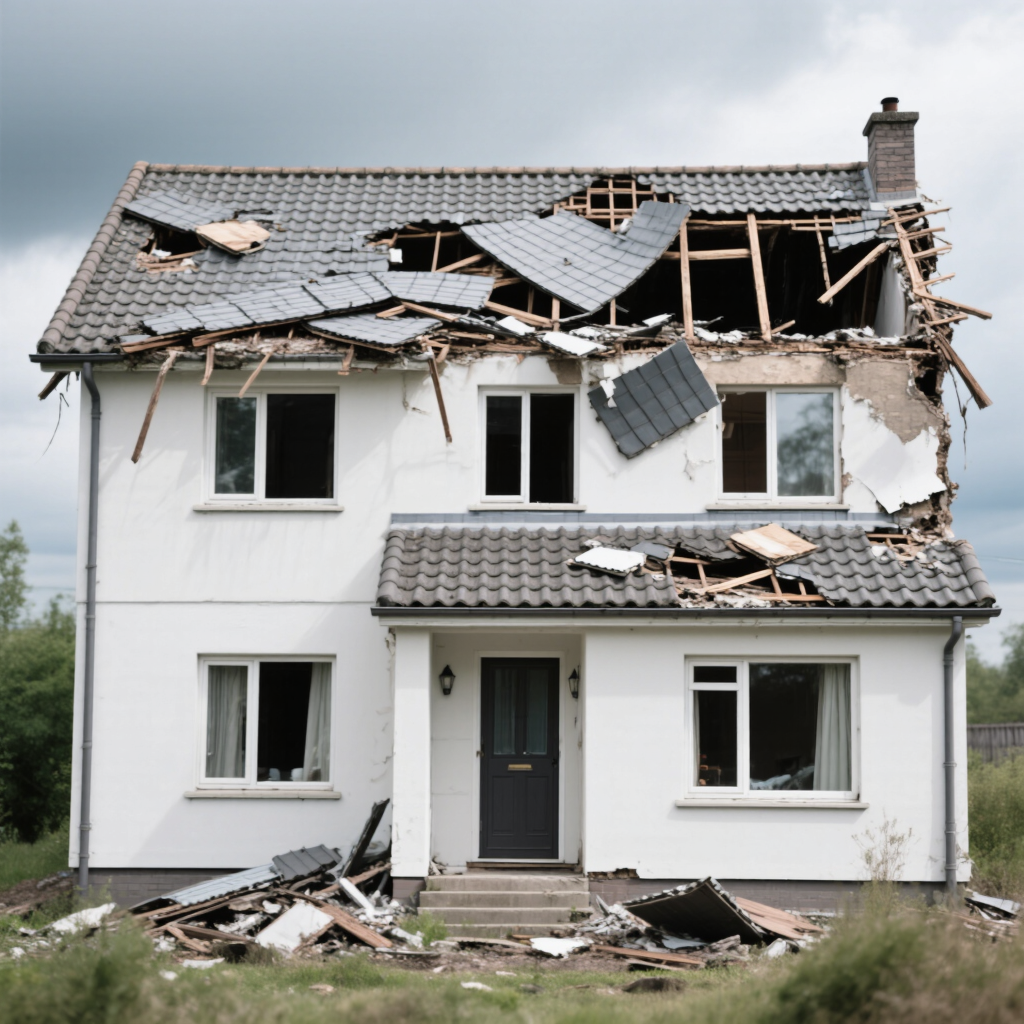 A house with a storm damaged roof, revealing exposed beams and debris scattered around. The upper portion of the house shows significant structural damage, while the lower half remains intact, surrounded by overgrown grass and trees.