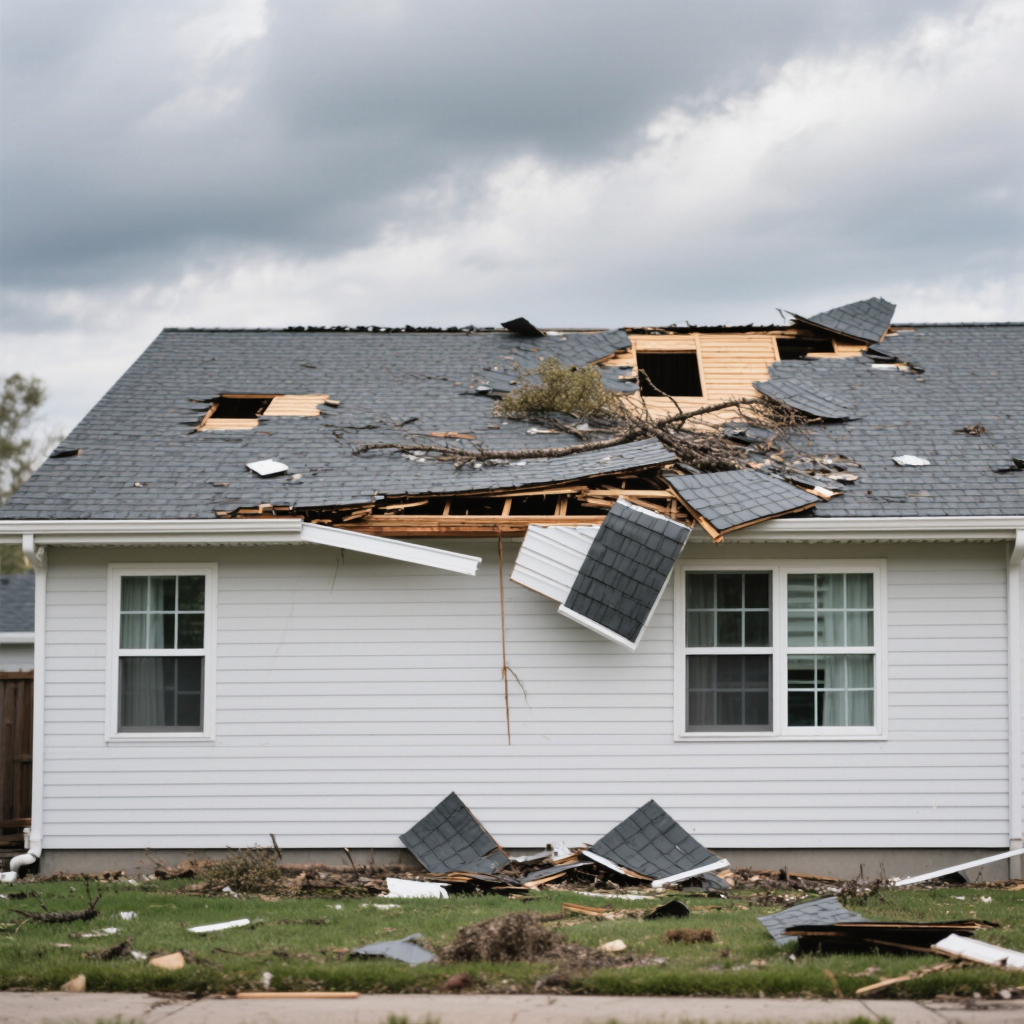 A house with a storm damaged roof, showing debris scattered around, including roof shingles and sections of the building’s exterior. The sky is overcast, adding a gloomy atmosphere.