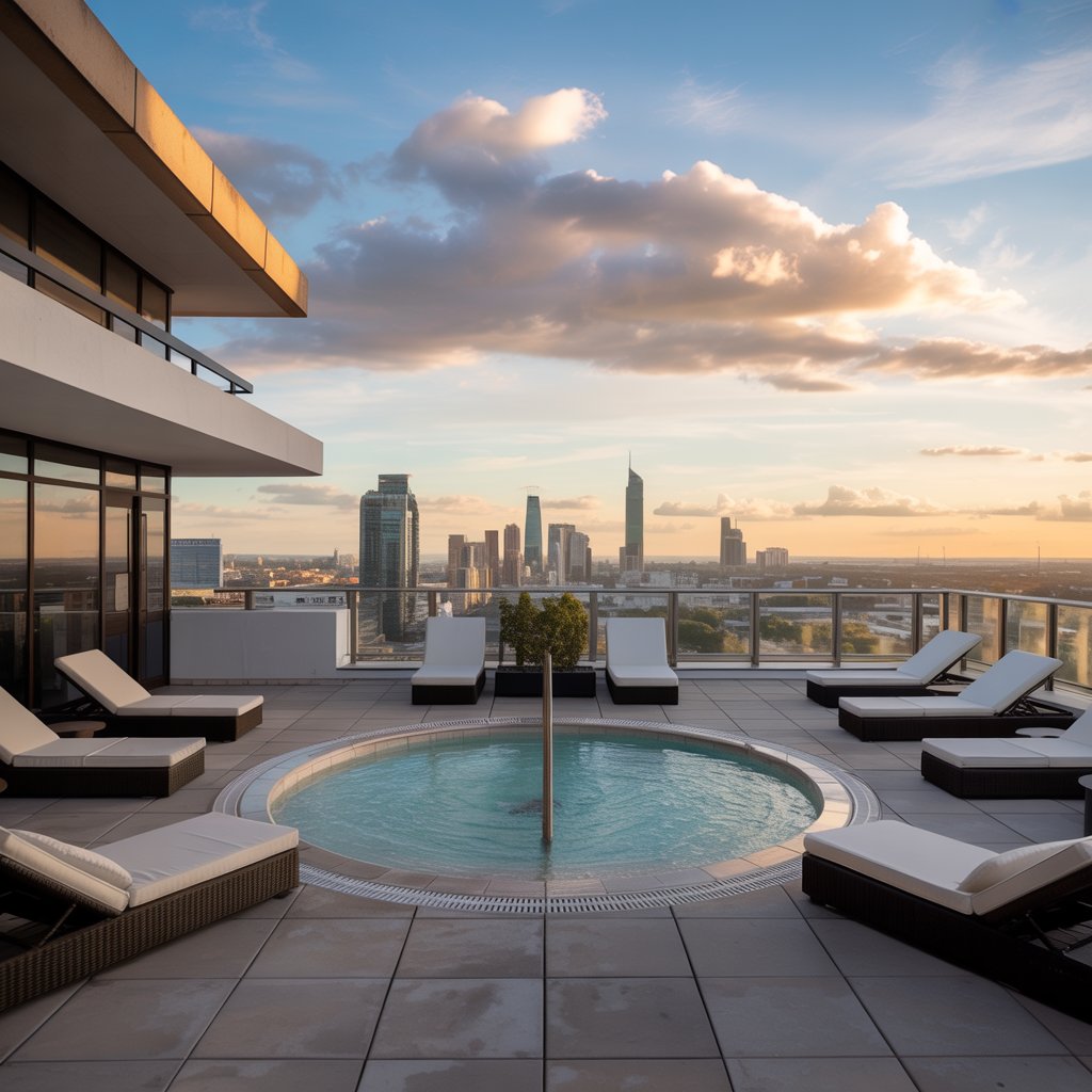 A luxurious rooftop terrace features a circular hot tub surrounded by lounging chairs, with a stunning city skyline in the background under a colorful sunset sky, emphasizing the appeal of a multi-family/condo roof.