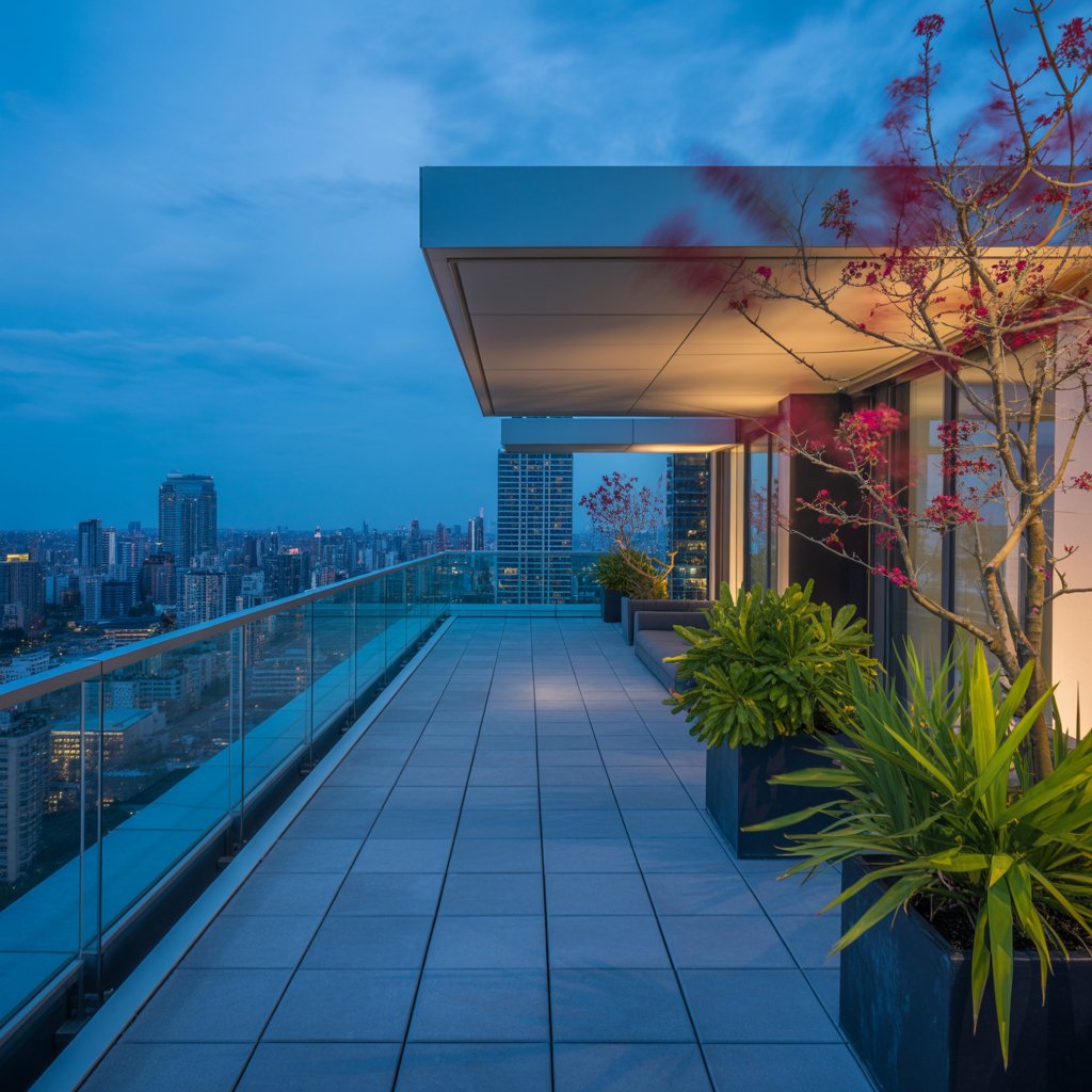 A serene view from a Vancouver condominium roof showcasing a spacious terrace with modern plant arrangements. The city skyline is visible in the distance under a twilight sky, creating a tranquil atmosphere.