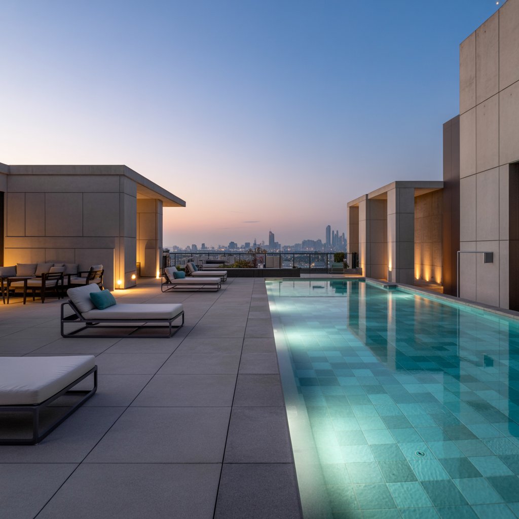 A luxurious rooftop pool area featuring sleek lounge chairs and a serene blue swimming pool, illuminated softly at dusk. The skyline of a city is visible in the distance, creating a tranquil evening atmosphere. This Langley clean condominium offers a perfect spot for relaxation.