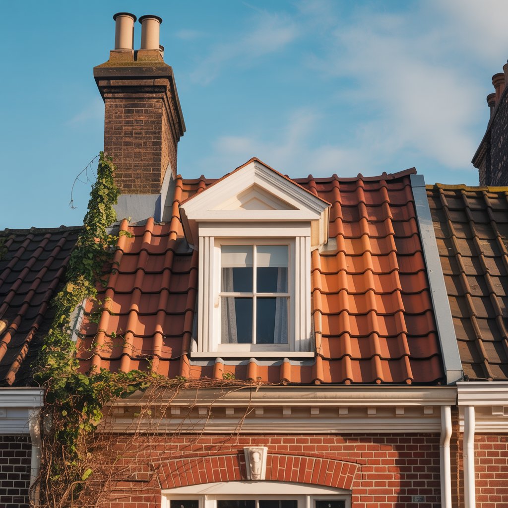 A close-up view of a BC townhouse roof featuring red and orange tiles. A prominent dormer window sits at the peak, flanked by two brick chimneys. Green ivy climbs the side of the building, contrasting with the rustic roof.
