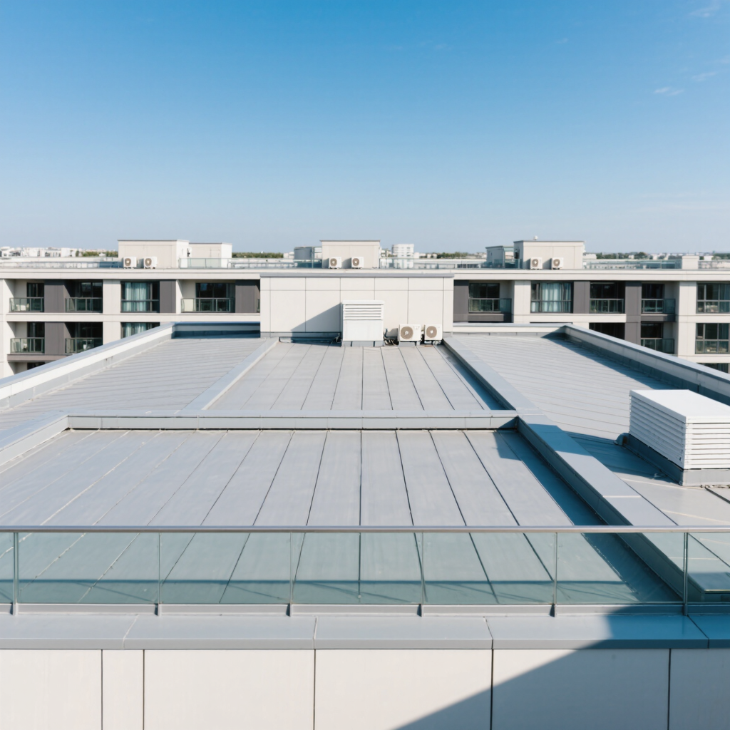 A modern Vancouver strata roof featuring a sleek metallic surface, with air conditioning units visible. The image shows a clear blue sky and a view of adjacent buildings, emphasizing the architectural design.