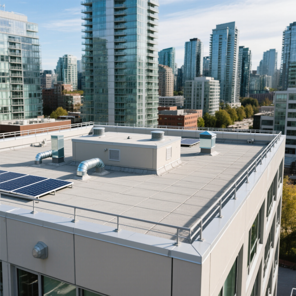 A rooftop view of a Vancouver BC condo, featuring solar panels and ventilation equipment. Surrounding tall glass buildings reflect the sky, showcasing the urban landscape of the city.