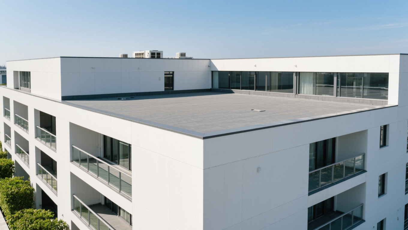 A modern Vancouver condo with a sleek metal and steel roof. The building features clean lines and multiple balconies surrounded by greenery, under a clear blue sky.