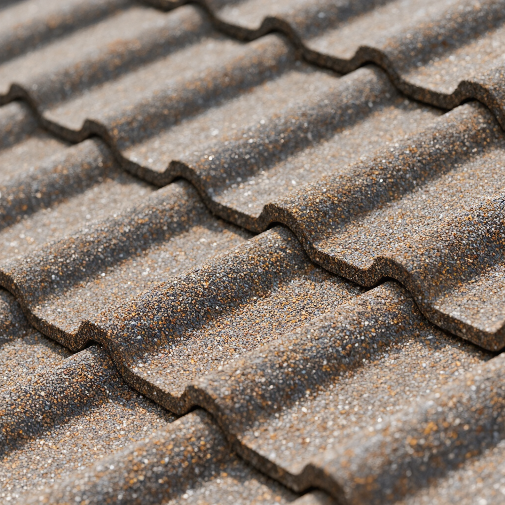 Close-up of a stone coated metal roof featuring a wavy texture. The surface displays a blend of dark gray and light brown tones with a granular finish, showcasing durability and aesthetic appeal in roofing design.