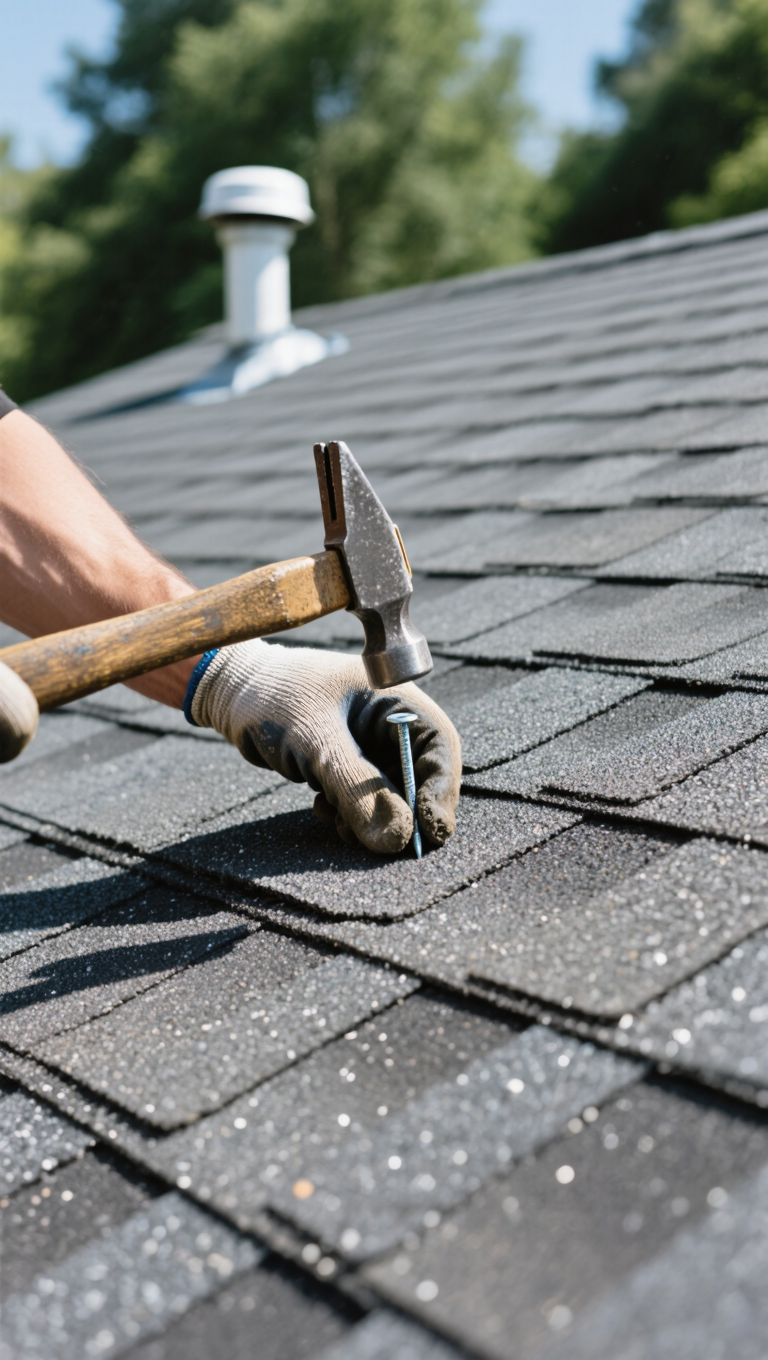 A close-up view of a hand using a hammer to secure a roofing shingle on a black asphalt shingle roof. The background shows a chimney and trees under clear blue skies, indicating a bright day.