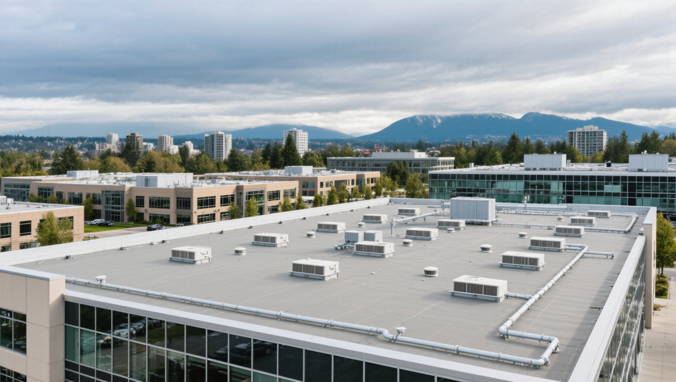 A panoramic view of a modern commercial building's roof in Vancouver, featuring several HVAC units. The background displays a scenic landscape with mountains and urban development, showcasing a blend of natural and industrial elements.