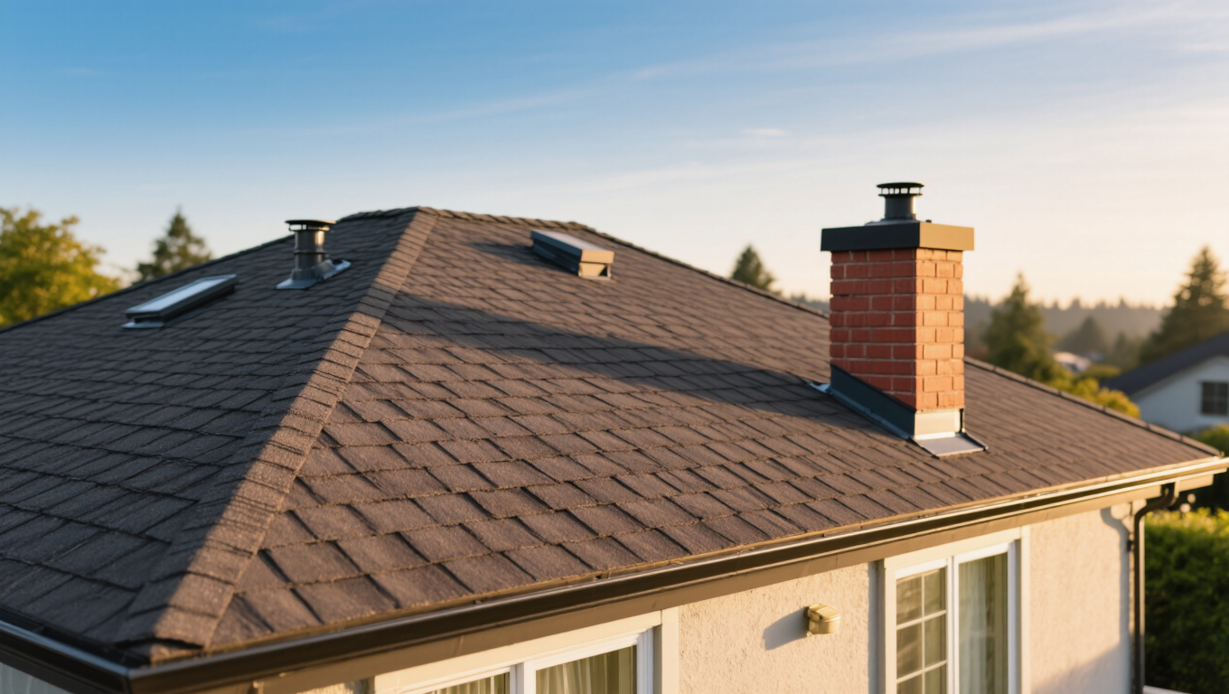 A close-up view of a residential Vancouver roof featuring a sloped design with dark shingles, a brick chimney, and skylights, bathed in warm sunlight against a backdrop of trees and distant houses.