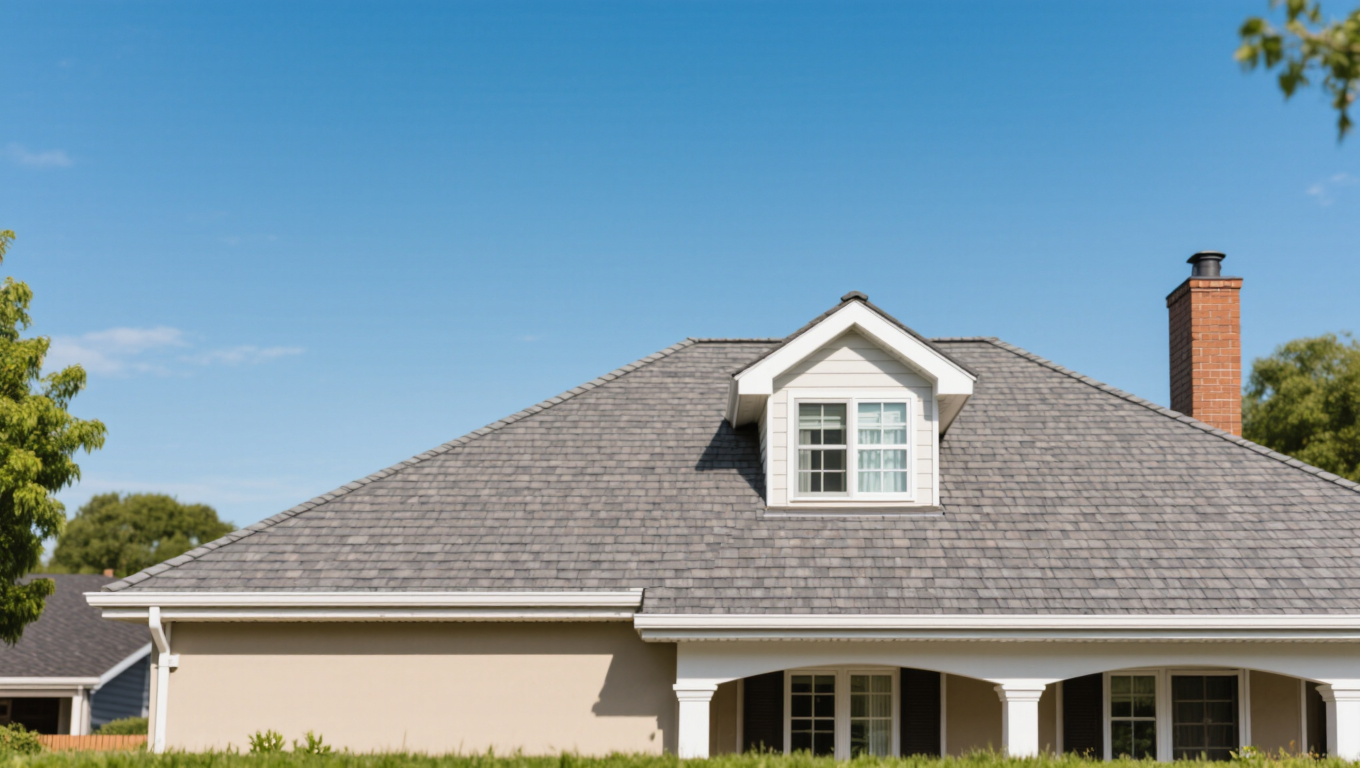 A close-up view of a residential roof featuring gray shingles and a decorative gable with a window. In the background, a clear blue sky and a chimney are visible. This image represents a Richmond BC residential roof.