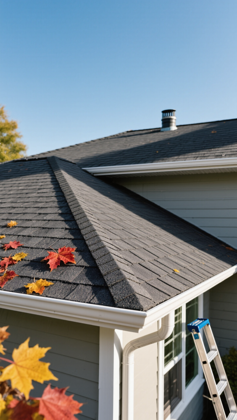 A close-up view of a gray shingle roof with autumn leaves scattered on the surface, showcasing a well-maintained home exterior. A ladder leans against the house, under a clear blue sky, highlighting the need for Coquitlam roof repair preparations.