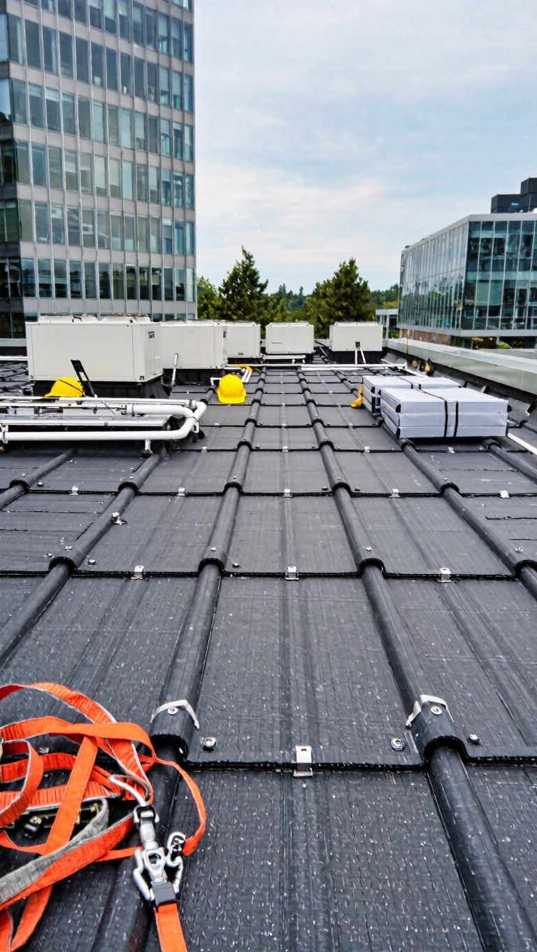 A rooftop view showcasing a black tiled surface with several air conditioning units, surrounded by tall glass buildings under a partly cloudy sky. Safety harnesses are placed nearby, indicating ongoing work, relevant to installing roof in New Westminster.