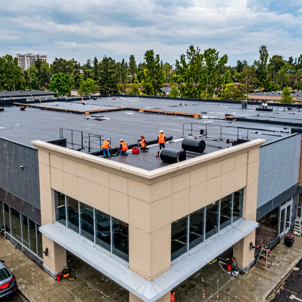 A team of workers wearing safety vests and helmets performs commercial roof repairs on a large building. The flat roof features equipment like ventilation pipes, and trees and buildings are visible in the background. This image represents iRoof Surrey commercial roof repair services.