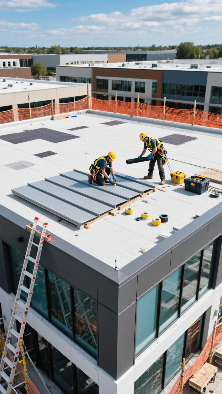 Two workers wearing safety helmets are repairing the roof of a modern building in Chilliwack. They are installing metal panels, with a ladder and construction tools nearby, under a clear blue sky.