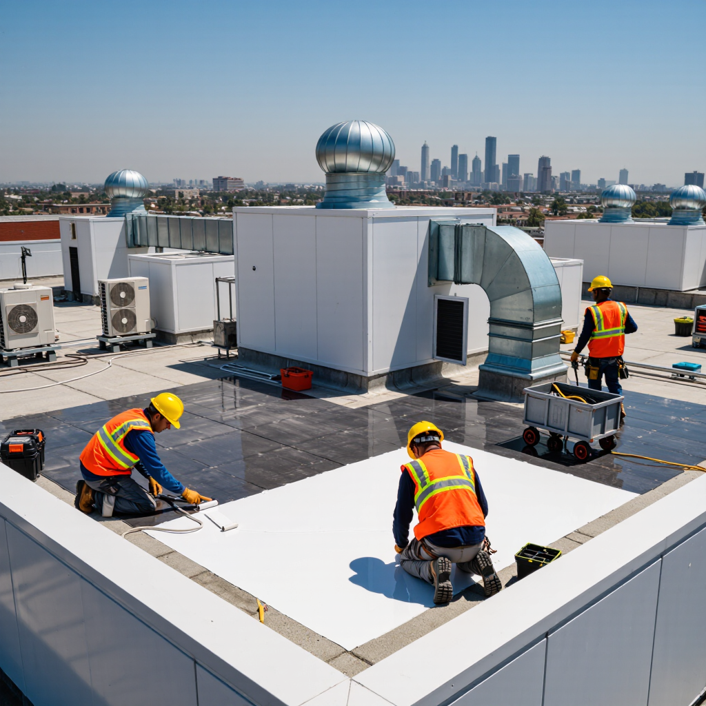 Three workers wearing safety vests and helmets performing commercial roof repair on a flat rooftop, applying a white coating. In the background, the skyline of a city is visible under a clear blue sky.