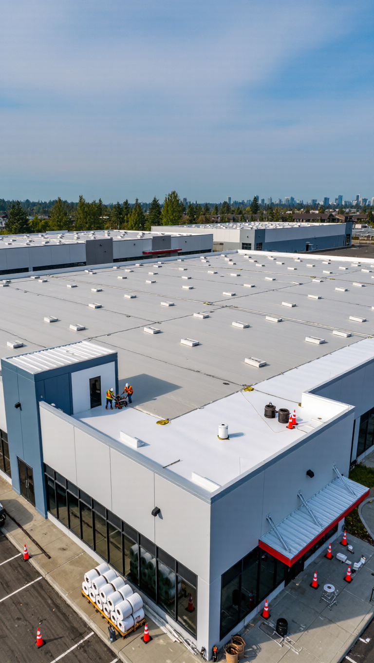 An expansive commercial building with a flat gray roof under a clear blue sky. Workers are seen on the roof, engaged in activities related to roof repair in Richmond, British Columbia. The area is surrounded by trees and distant city skyline.