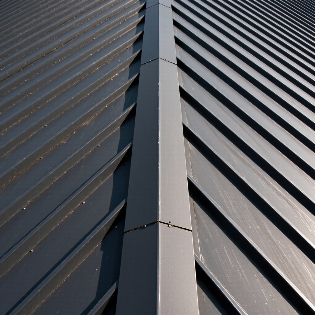 A close-up view of a standing seam metal roof, showcasing its sleek, vertical panels with a smooth, metallic finish. The roof slopes downward on both sides, highlighting the sharp and clean lines that create a modern aesthetic.