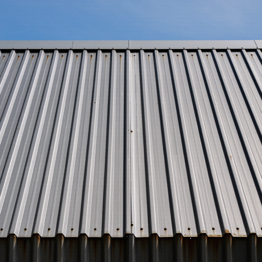 A close-up view of a corrugated metal roof panel against a clear blue sky, showcasing the vertical ridges and grooves typical of metal roofing materials.