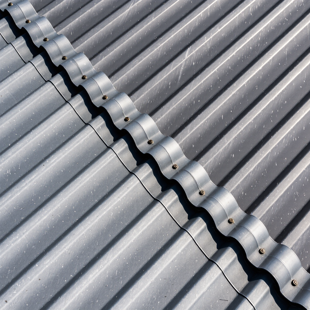 Close-up view of galvanized sheet metal roofing with ridges and waves, showcasing a silver gray finish under natural lighting.