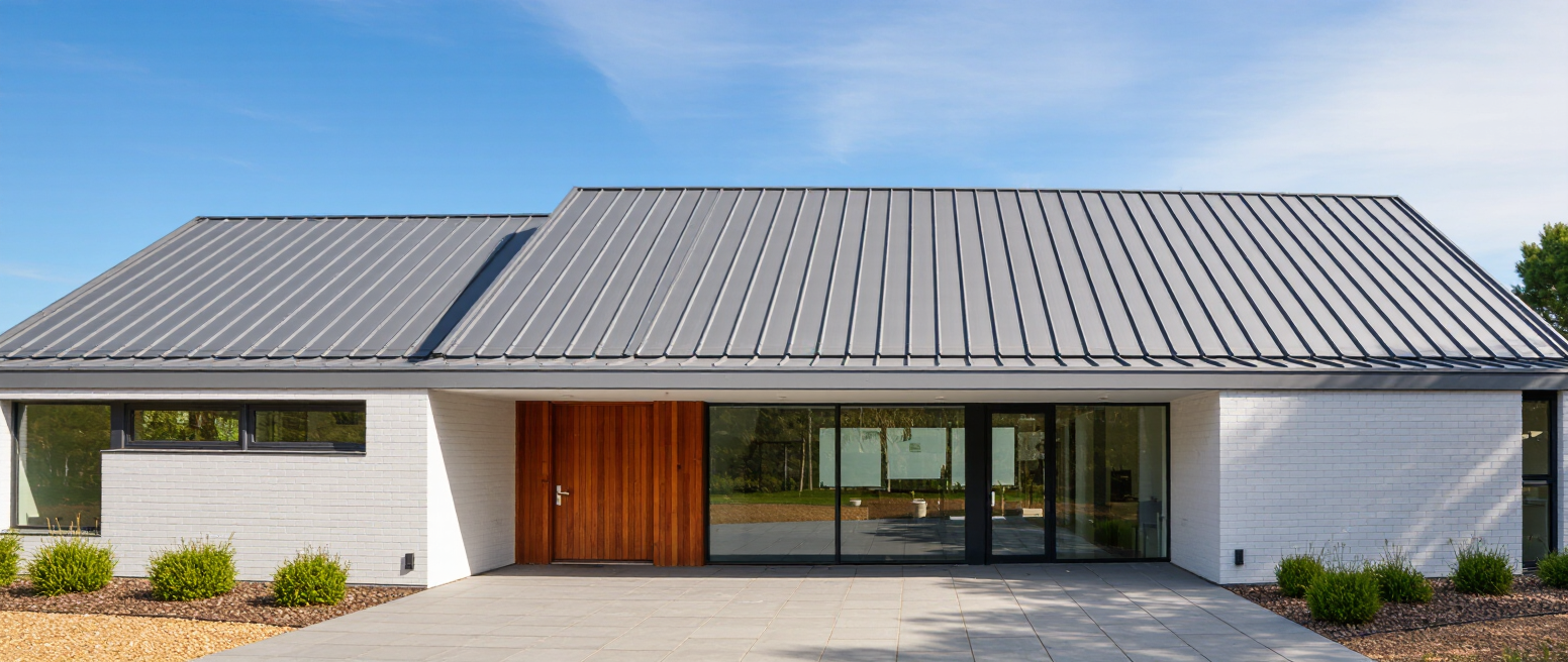 A modern residential building featuring a standing seam metal roof, large glass windows, and a wooden front door. The facade is white with landscaped greenery in the foreground and a clear blue sky above.