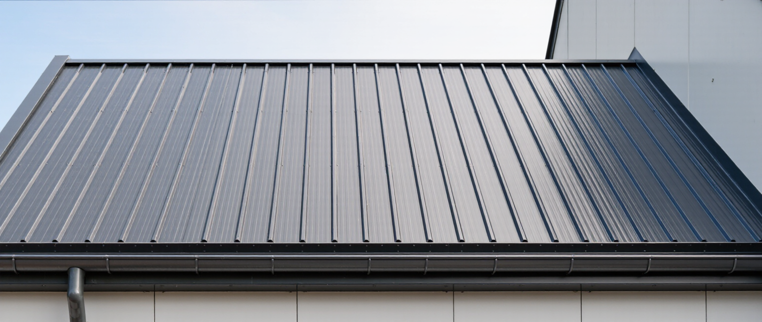 A close-up view of a standing seam metal roof in Vancouver, showcasing its sleek, vertical panels and modern design. The roof is installed on a building with a soft blue sky in the background.