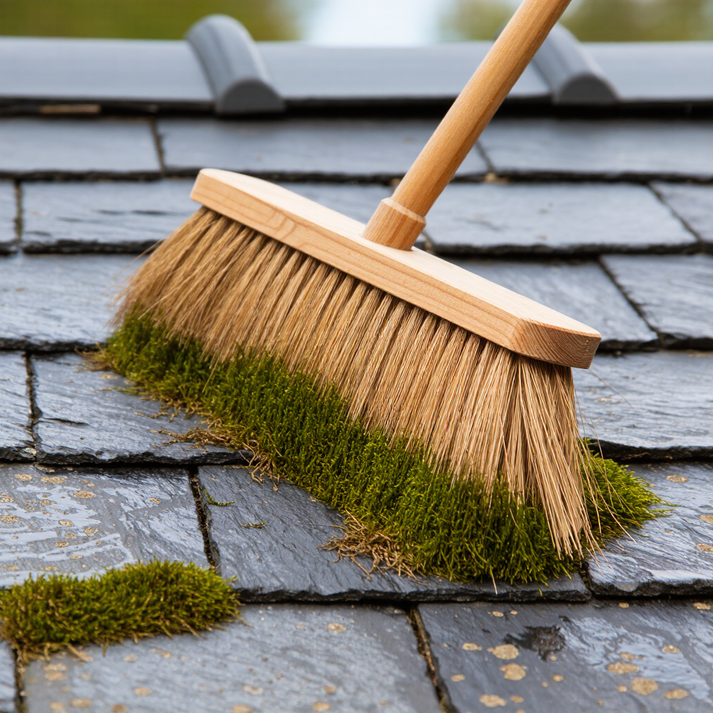 A hand broom with a wooden handle being used to remove moss from a slate roof, with patches of moss visible on the tiles.