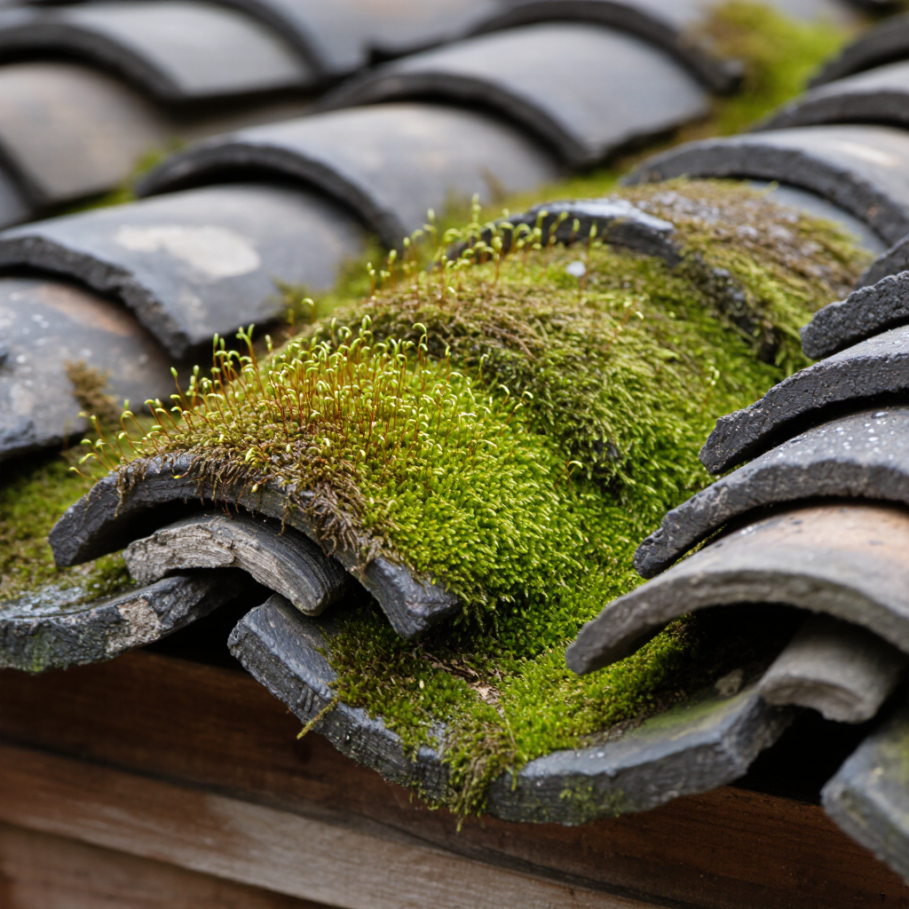 A close-up of a roof with curved tiles, featuring patches of vibrant green moss and small plants growing between the tiles.