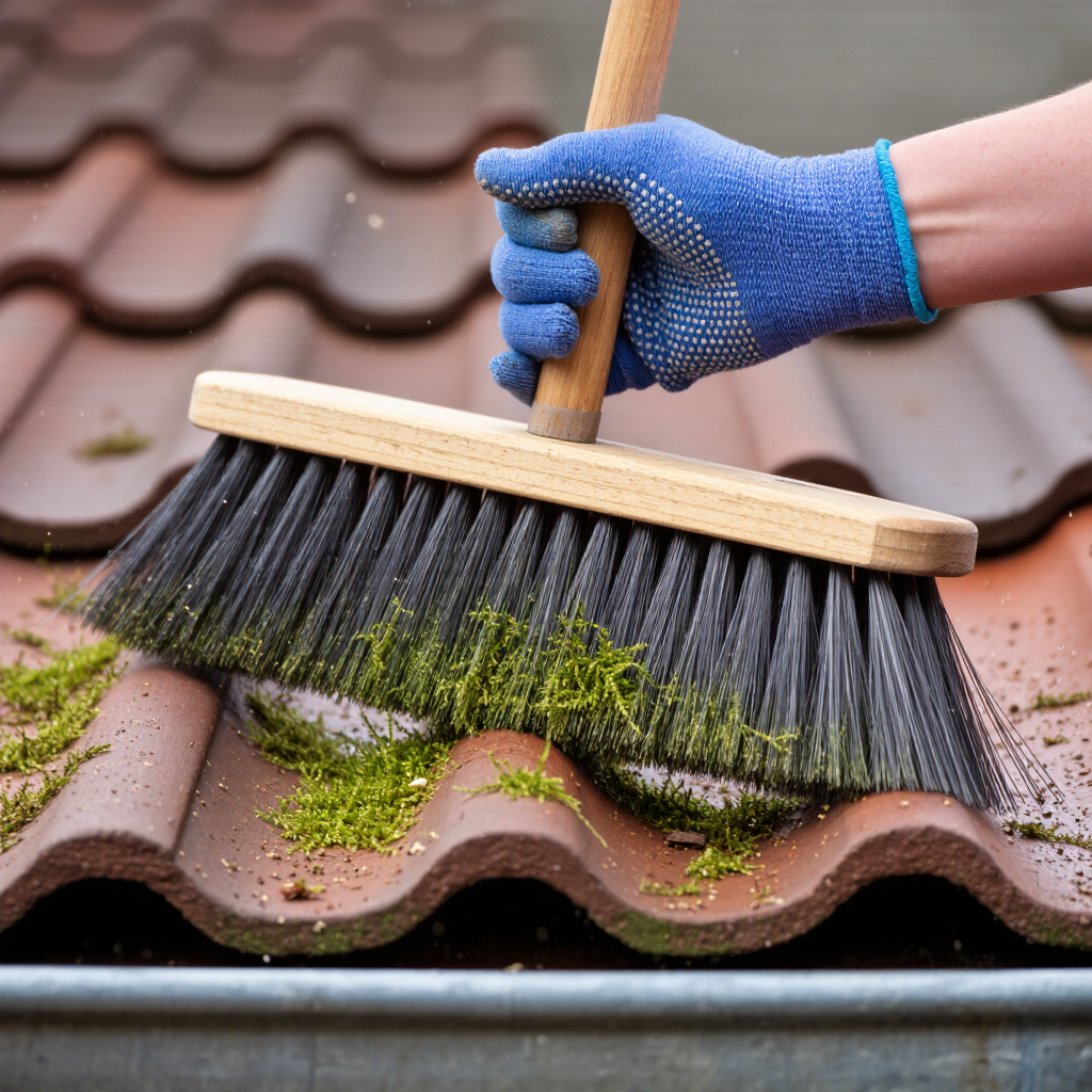 A person wearing a blue glove is using a broom to remove moss from a red-tiled roof. Green moss is visible on the tiles, showing the cleaning process in action. This image relates to Vancouver moss removal.