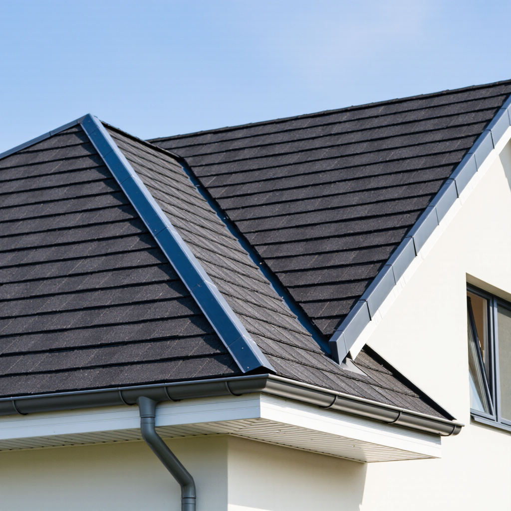 A close-up view of a slope roof with black shingles and metal edging. The roof meets a white building, showing clean lines and a clear blue sky in the background. This slope roof was installed in Vancouver by iRoof.