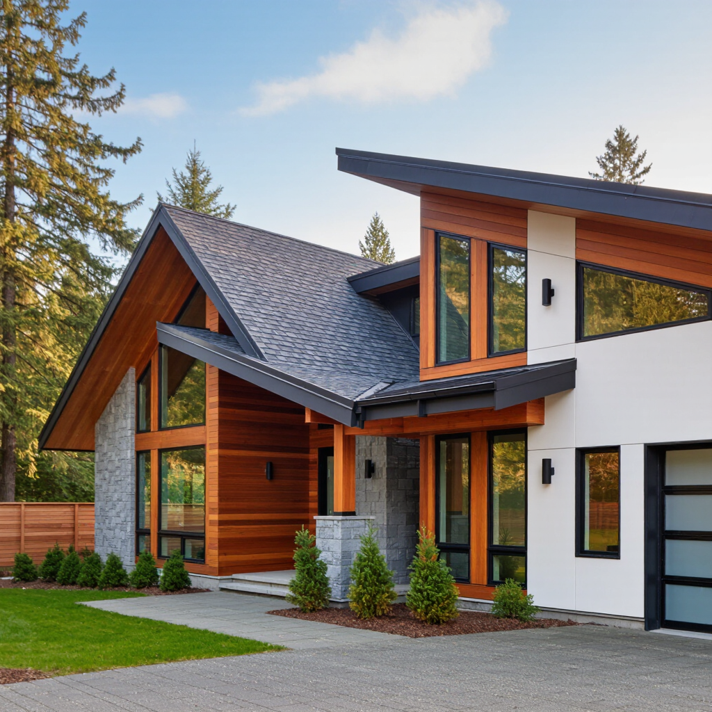 A modern house featuring a slope roof with wooden and stone elements, surrounded by greenery. The house has large windows and a symmetrical design, situated in a residential area in Vancouver.
