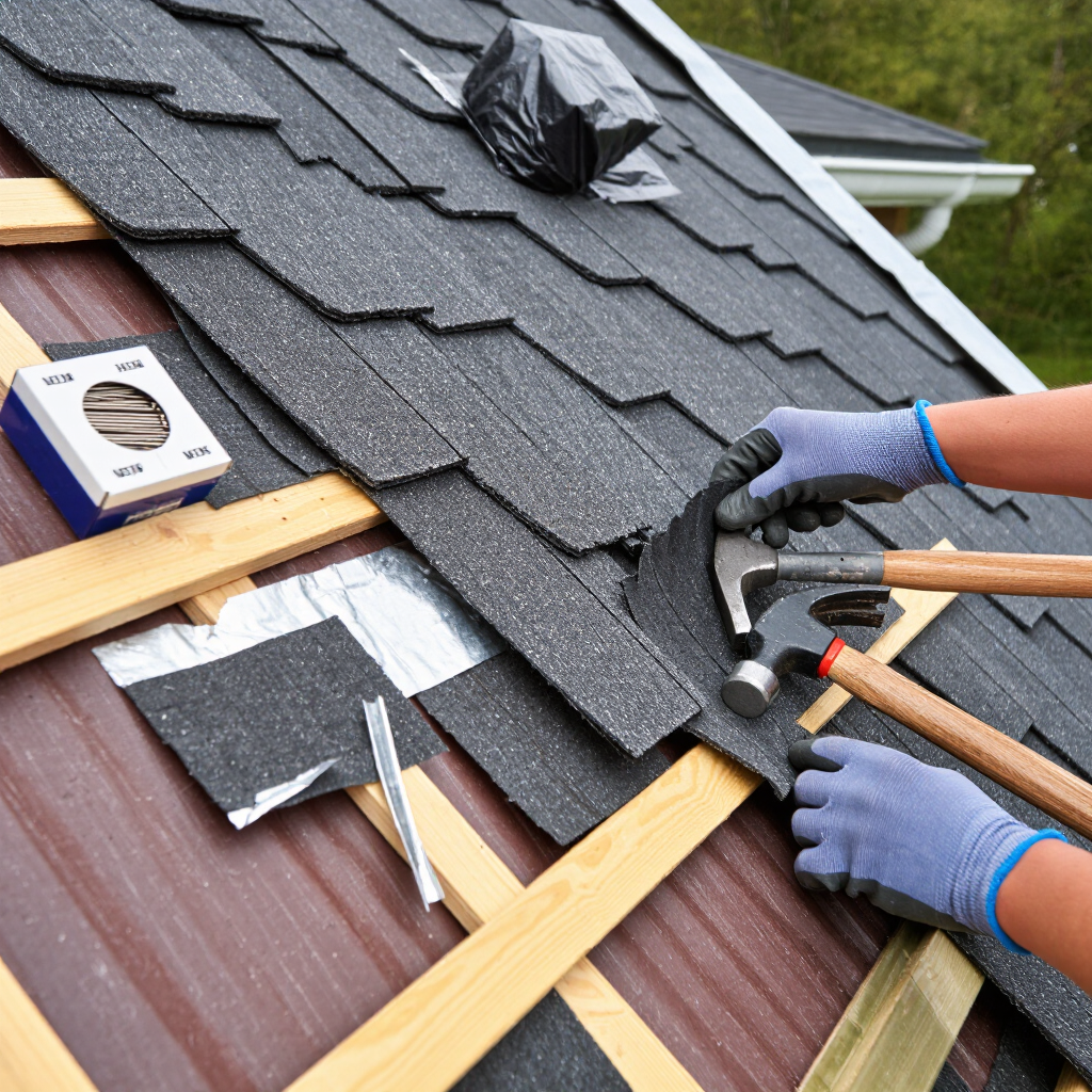 A person repairing a slope roof, installing black shingles with a hammer and nails. Visible tools include a level, shingles, and metal strips on a wooden framework.