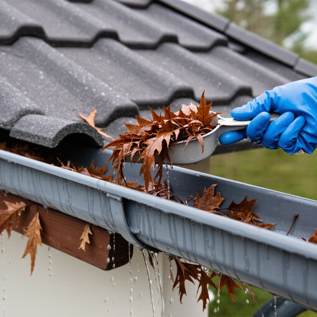 A person wearing blue gloves is cleaning out a gutter filled with brown leaves. The gutter is attached to a house with a gray tile roof, capturing water draining from the leaves.