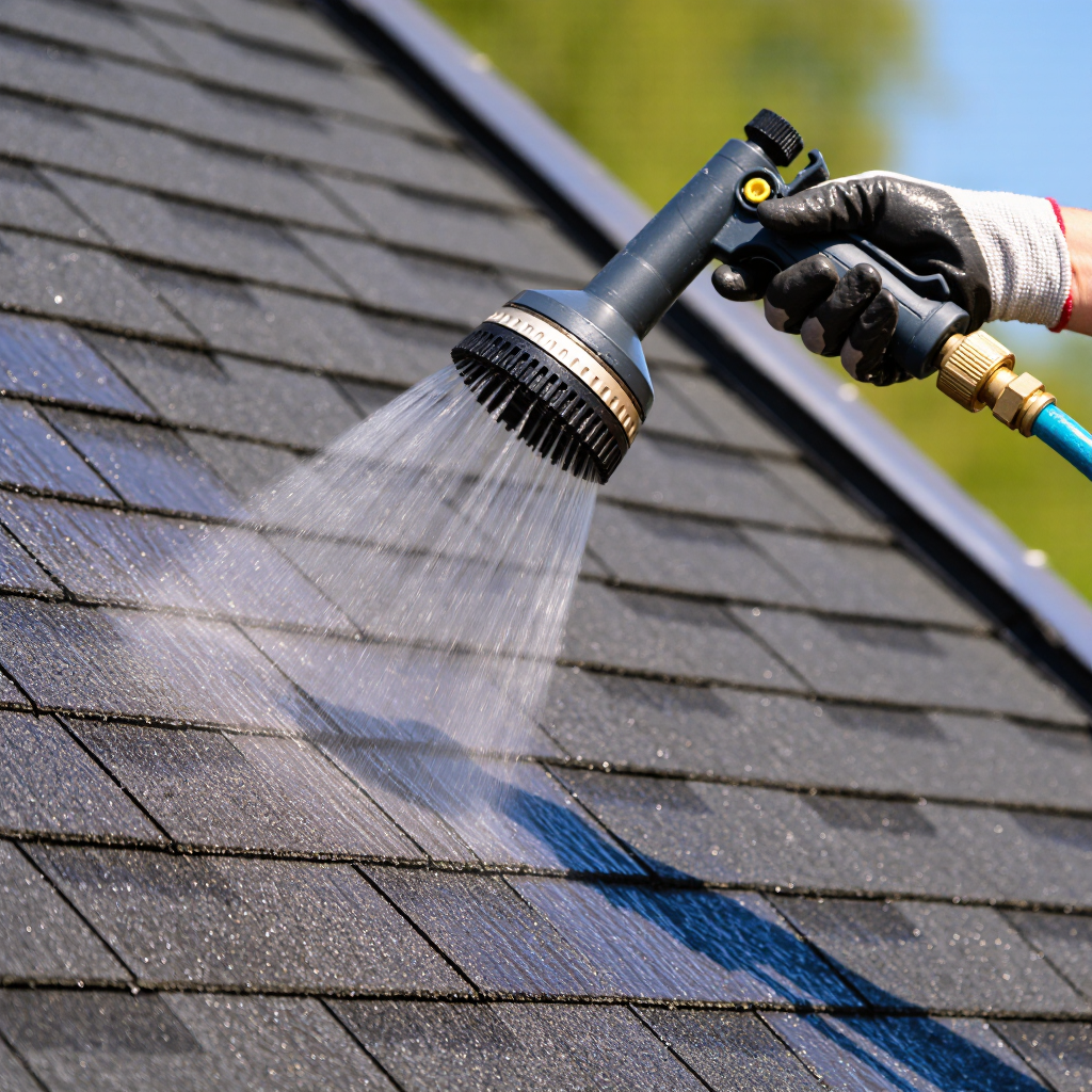 A person holding a pressure washer wand, spraying water over a dark shingle roof during a washing roof process. The sun is shining, and the roof is partially wet.