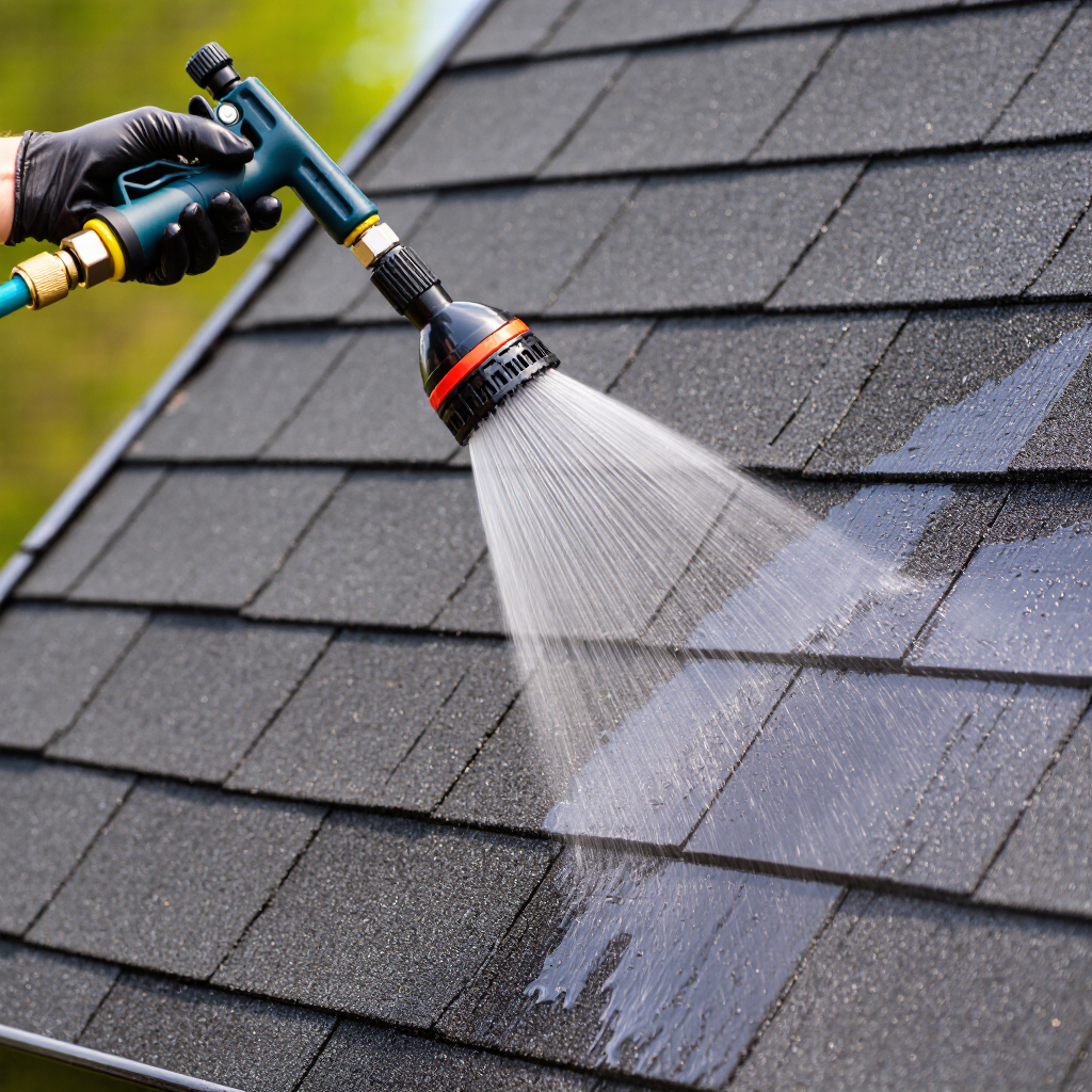 A close-up of a hand wearing a black glove holding a nozzle attached to a hose, spraying water onto a dark shingle roof. The water stream is directed at a section of the roof that appears wet.