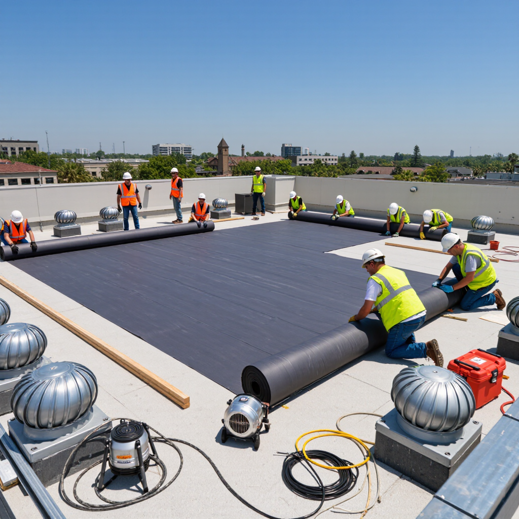 Construction workers installing a black membrane on a flat roof, using rollers and tools. The site features ventilation units and is set on a clear day with buildings in the background.