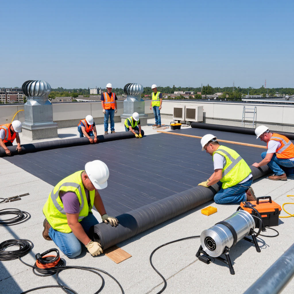 A team of workers in safety gear installing a flat roof with black waterproof material on a commercial building. Tools and equipment are visible, with a clear blue sky in the background.