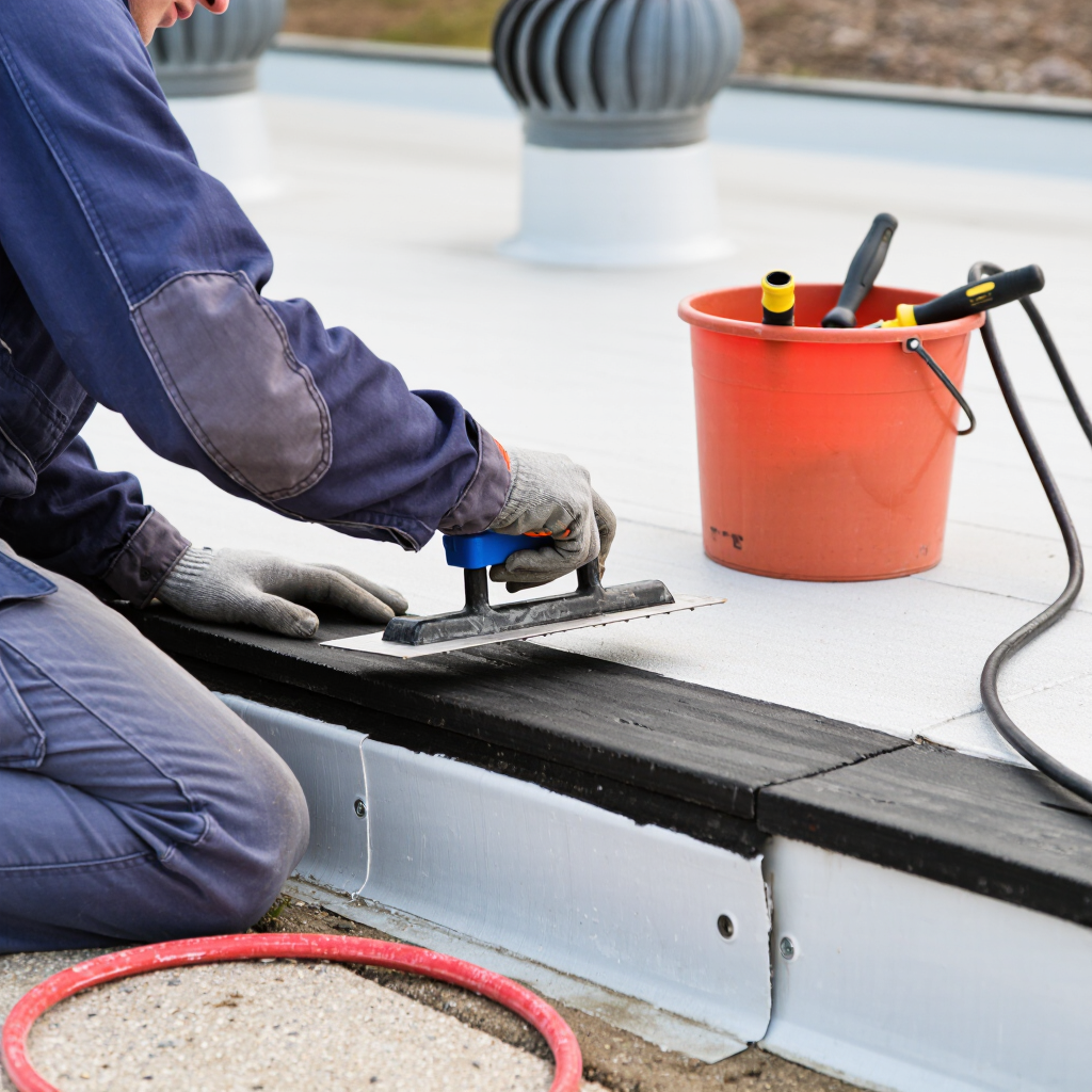 A worker in blue overalls performing flat roof repair, using a tool to smooth the surface. Nearby is a bucket containing tools and a hose, with ventilation pipes visible in the background.