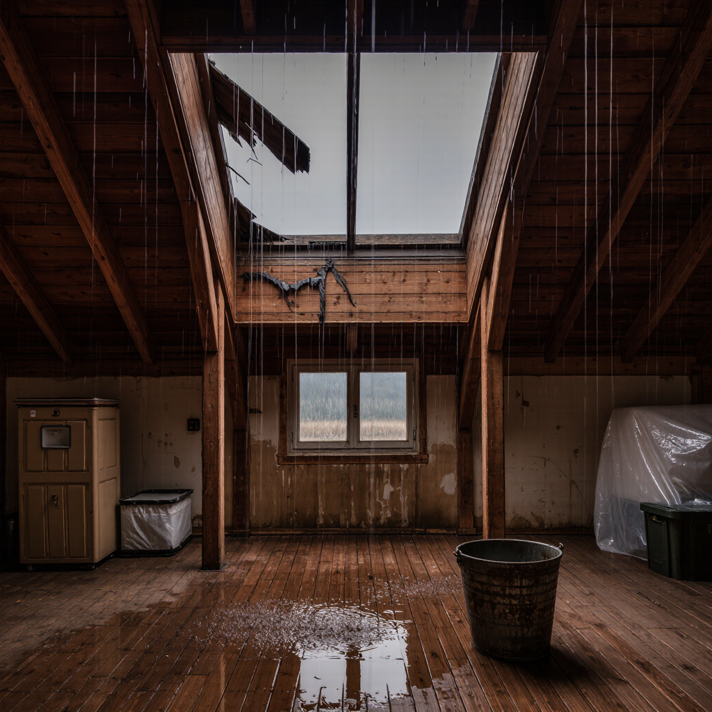 An interior view of a room with wooden beams and a skylight showing water dripping through a damaged roof. A bucket on the floor collects rainwater, and a white sheet covers an object in the corner.