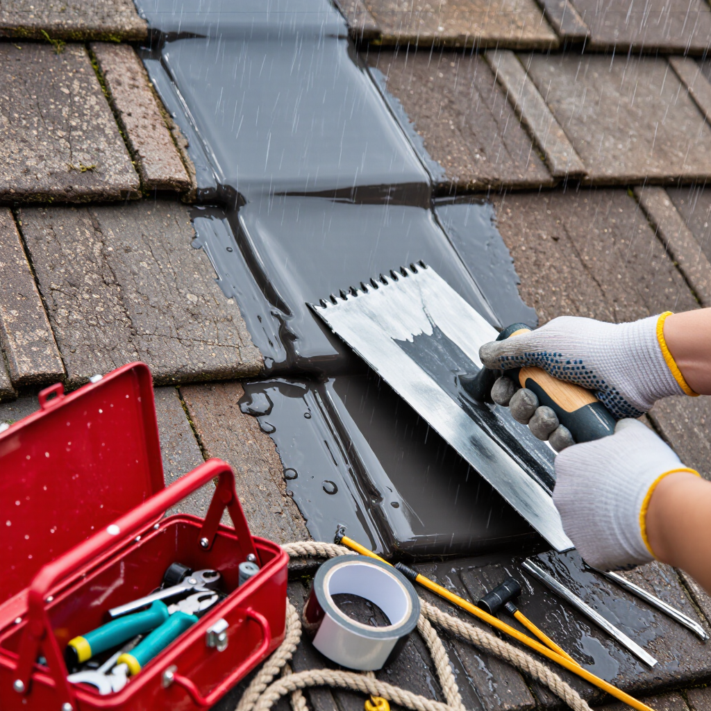 A close-up of a person repairing a residential asphalt roof, using a putty knife to apply waterproof sealant. A toolbox with various tools is visible adjacent to the roof. Rain is falling on the roof surface.