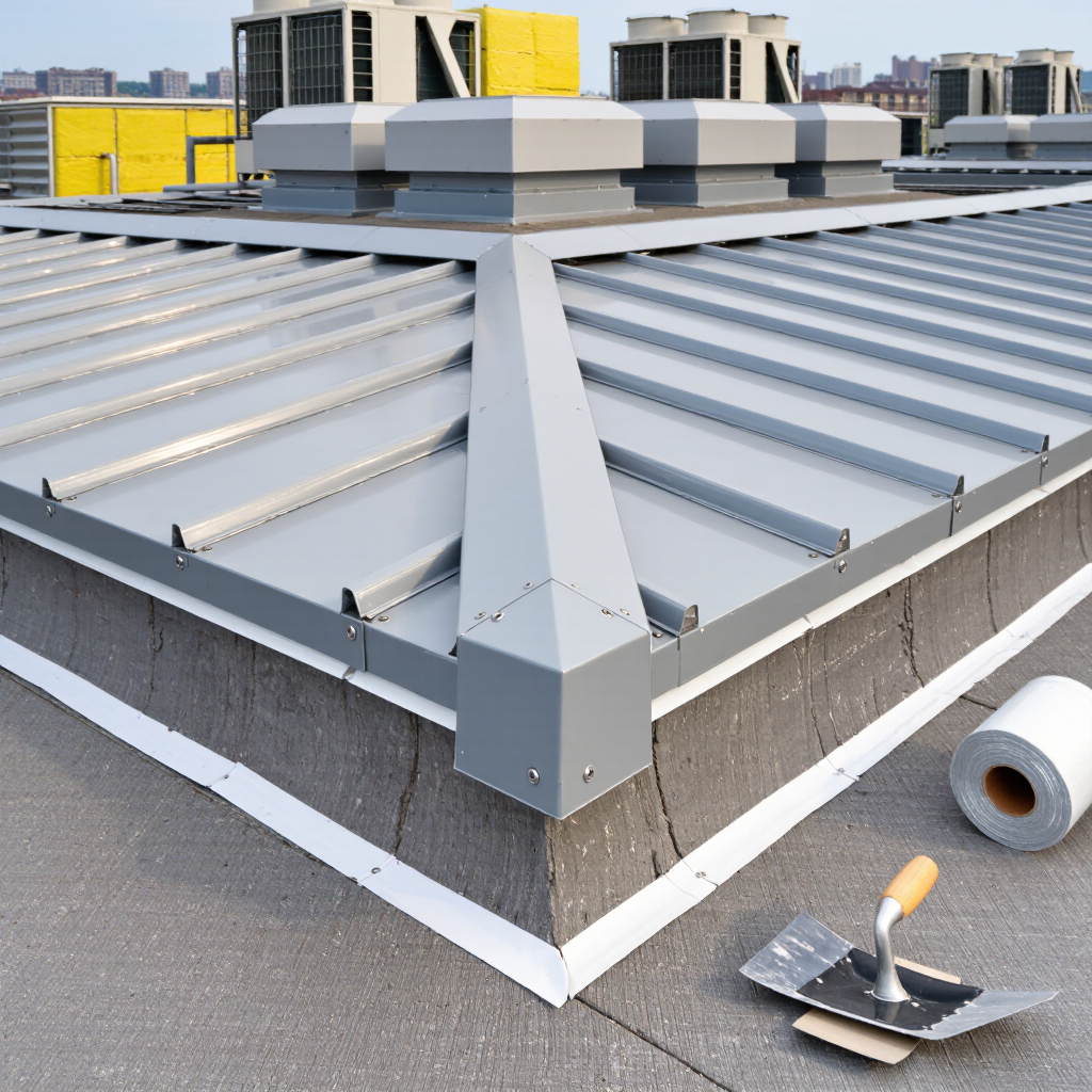 A close-up view of a commercial building's flat metal roof with a sloped edge and ventilation units in the background. A putty knife and roll of roofing material are placed on the roof surface, indicating ongoing BC commercial roof repair work.