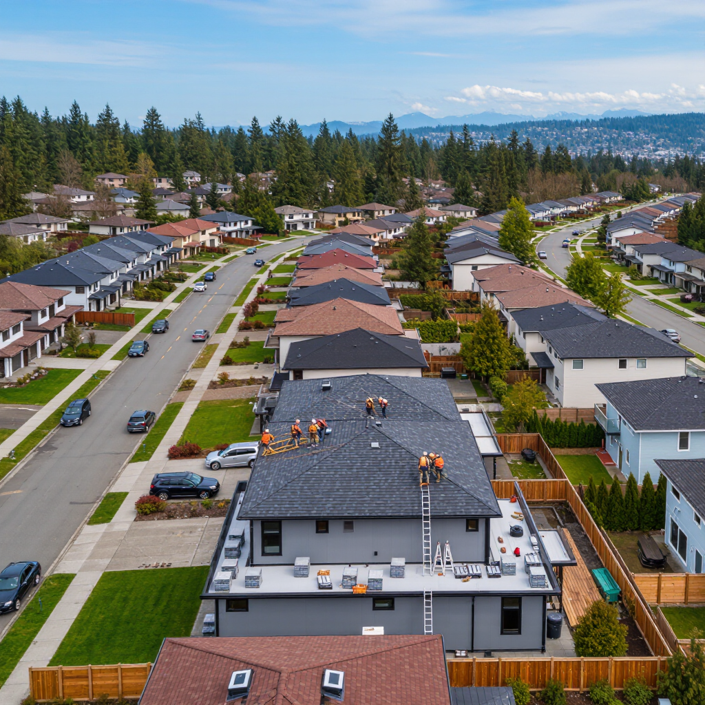 An aerial view of a suburban neighborhood with houses featuring dark roofs. Workers are installing a new roof on a building, using ladders. Lush greenery and a clear blue sky fill the background, showcasing a typical residential setting.