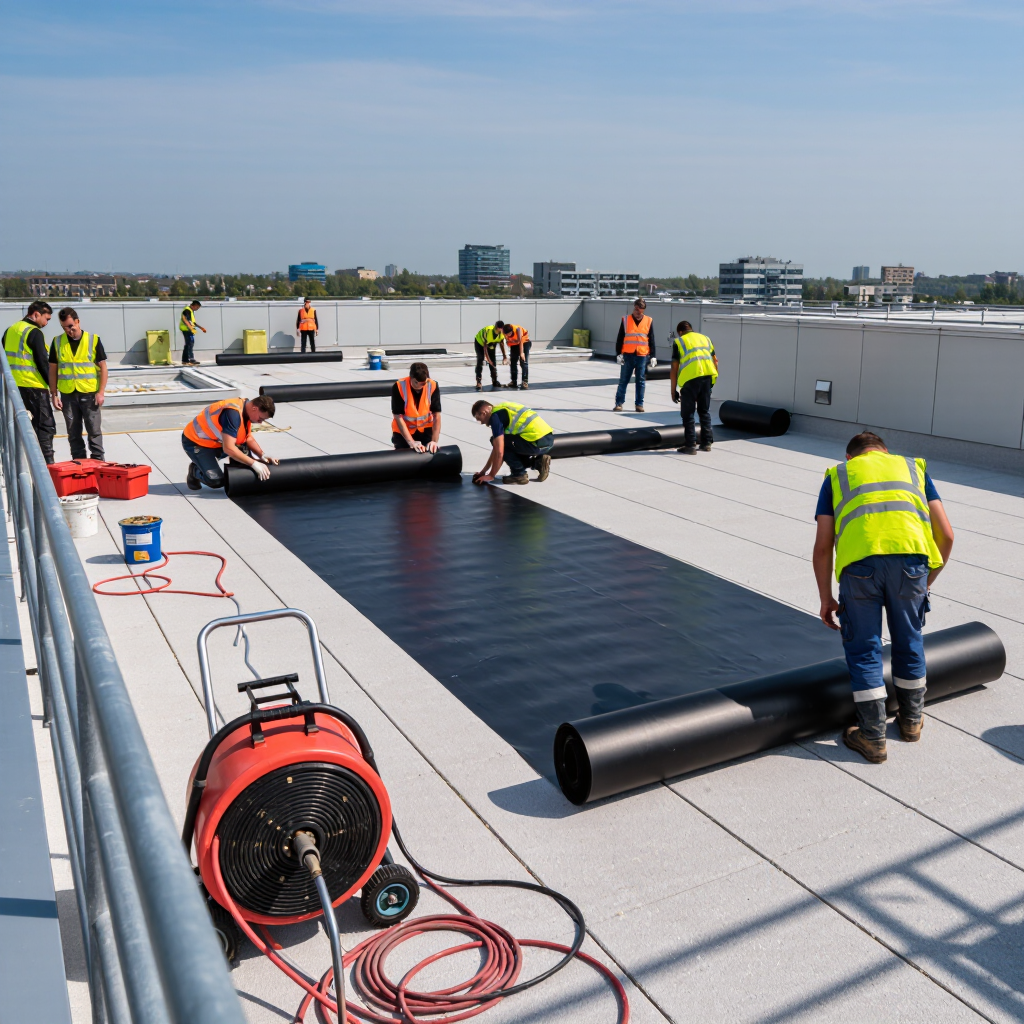 A team of construction workers in safety vests and helmets installing a commercial flat metal roof. They are carefully unrolling black roofing material on a flat rooftop under a clear blue sky, with tools and equipment scattered around.