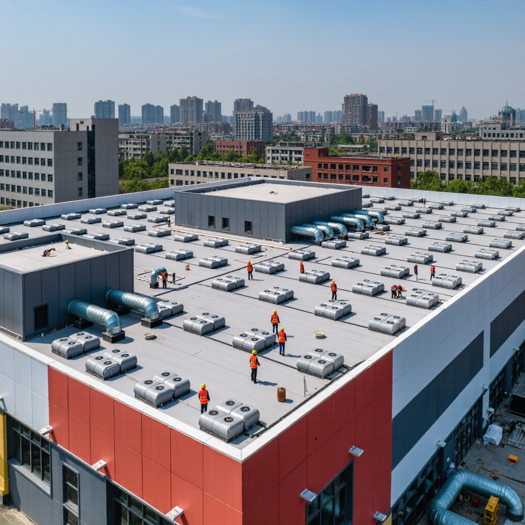 An aerial view of a commercial flat roof under metal roof installation. Workers in bright orange safety vests are scattered across the roof, engaging with ventilation units and tools amidst a backdrop of urban buildings.