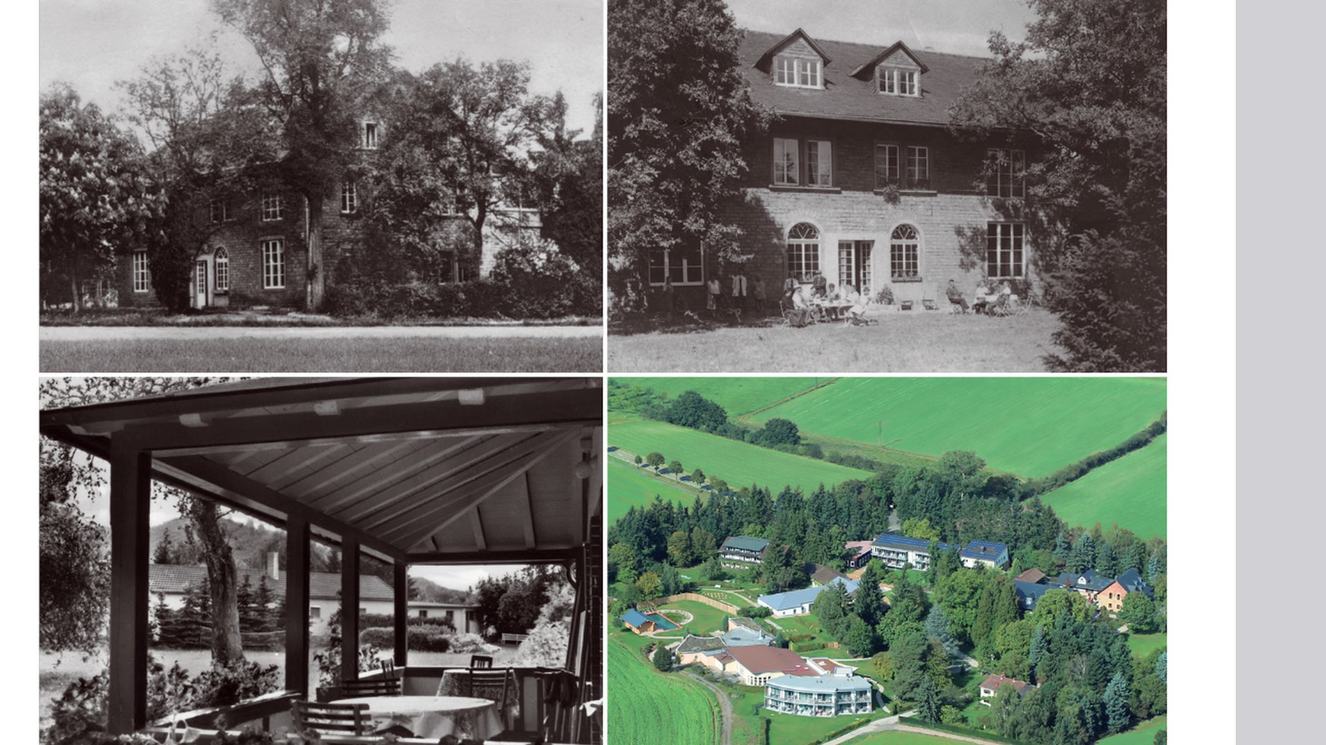 Vier Bilder von Gebäuden und Landschaften in Schwarz-Weiß und Farbe