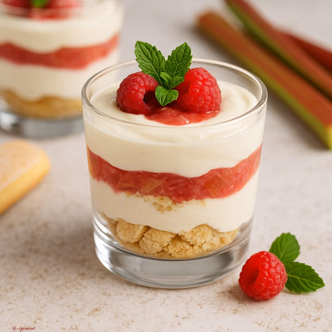 Cremiges Schichtdessert mit Himbeeren, Minze und Keksboden im Glas