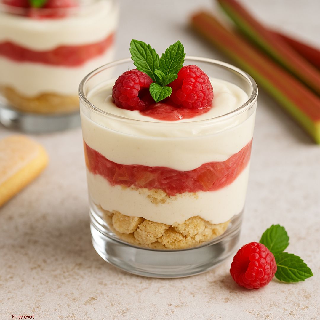 Cremiges Schichtdessert mit Himbeeren, Minze und Keksboden im Glas
