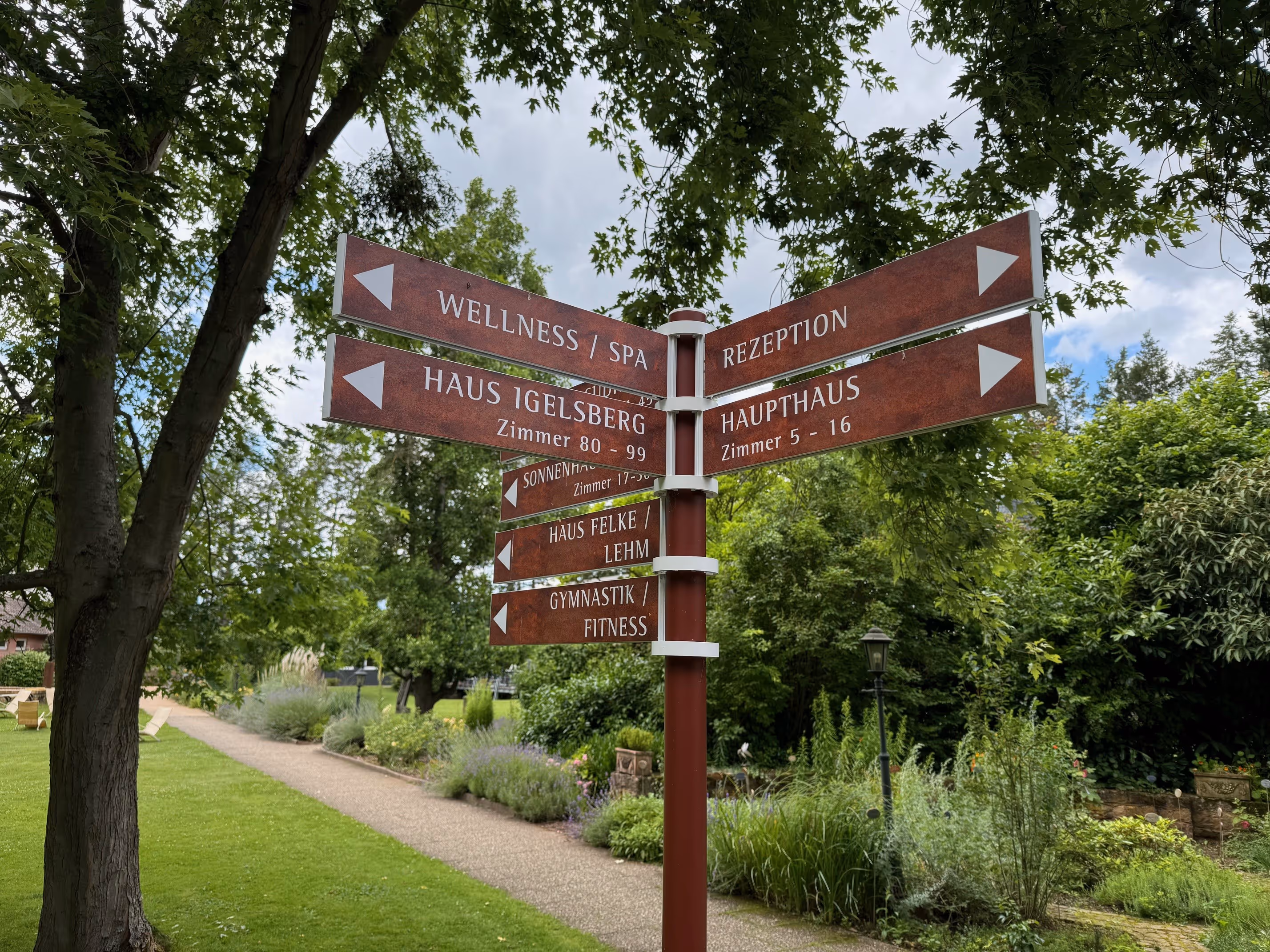 Wegweiser für Wellness-Resort mit Zimmernummern und Einrichtungen