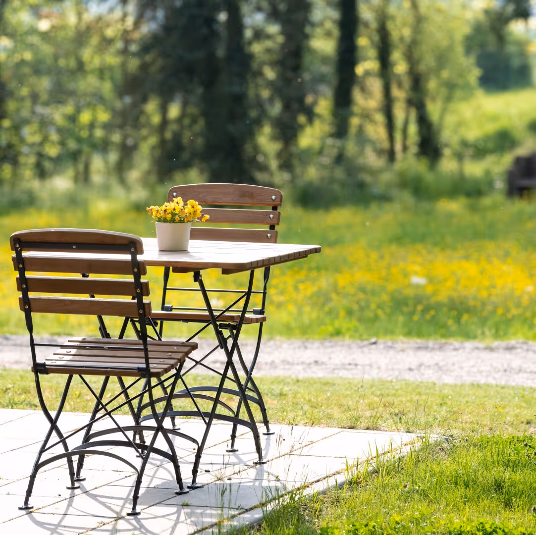 Gartensitzgruppe mit gelben Blumen auf Tisch in sonniger Waldlichtung