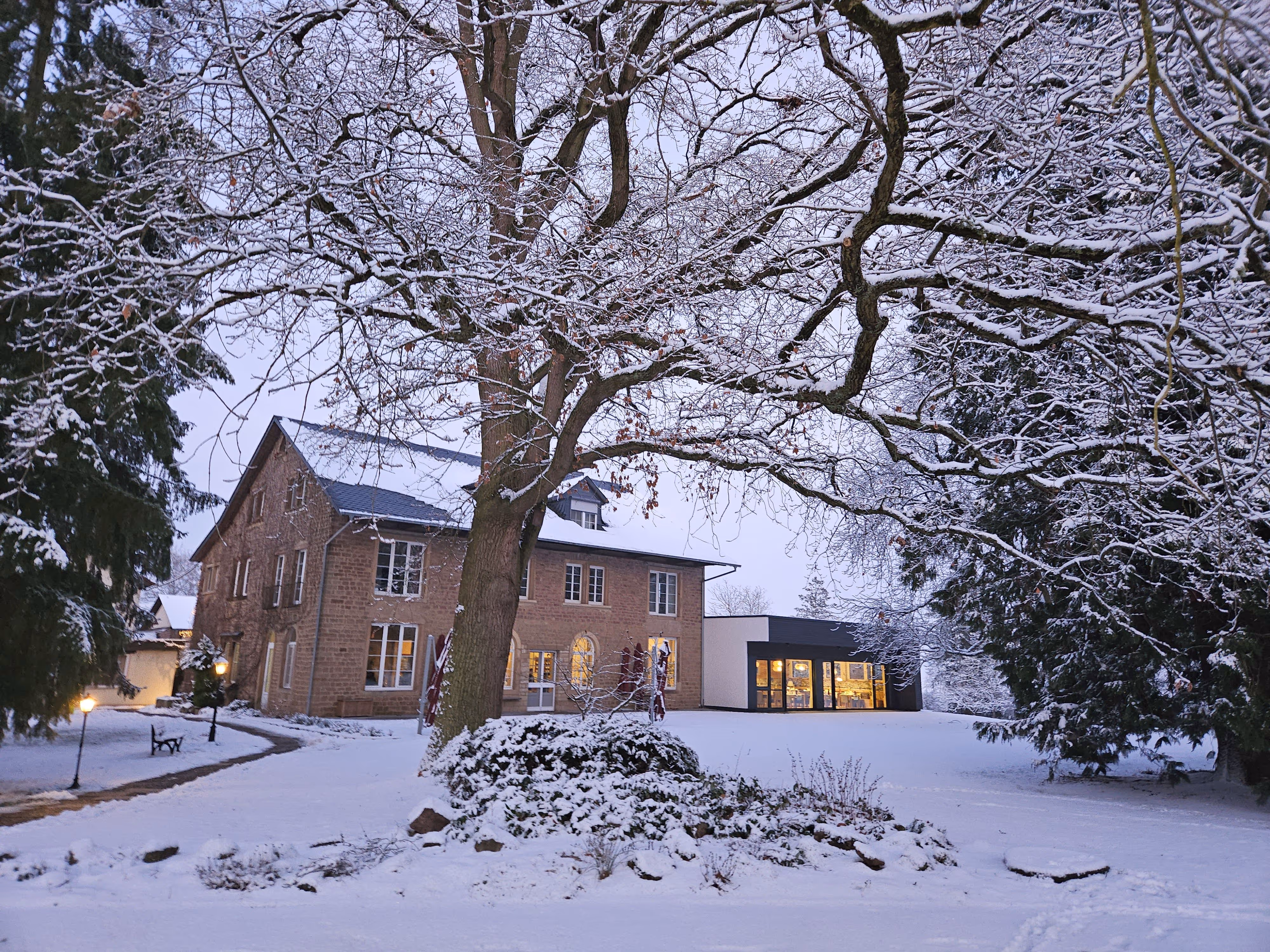Verschneite Winterszene mit Haus, beleuchteten Fenstern und kahlen Bäumen