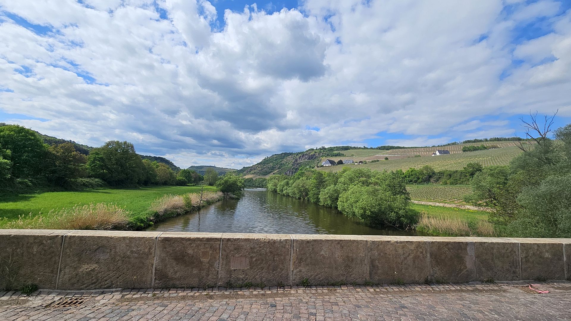 Scenic river valley with vineyards, green hills, and cloudy sky